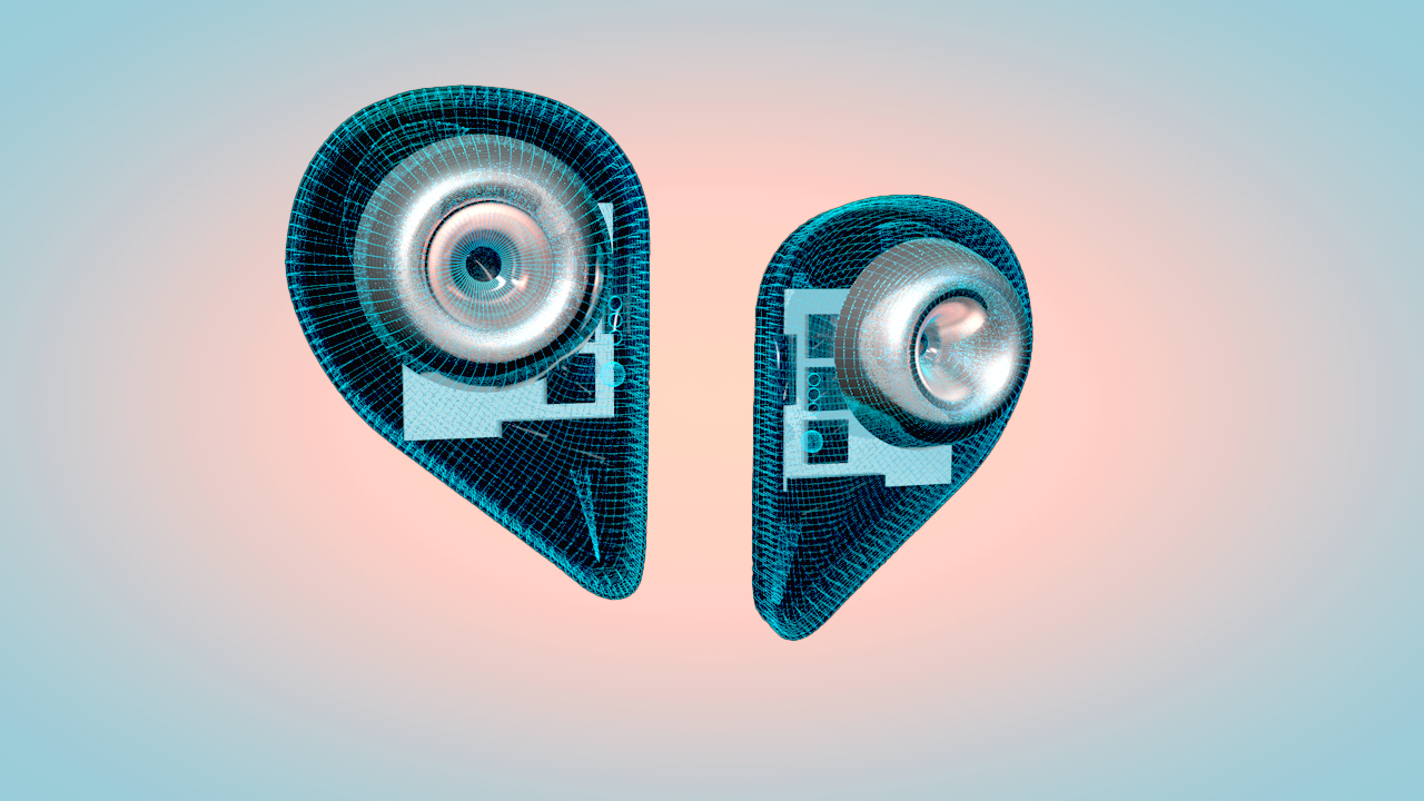 imagery of the thedora earbuds, dreamy heart shaped earbuds