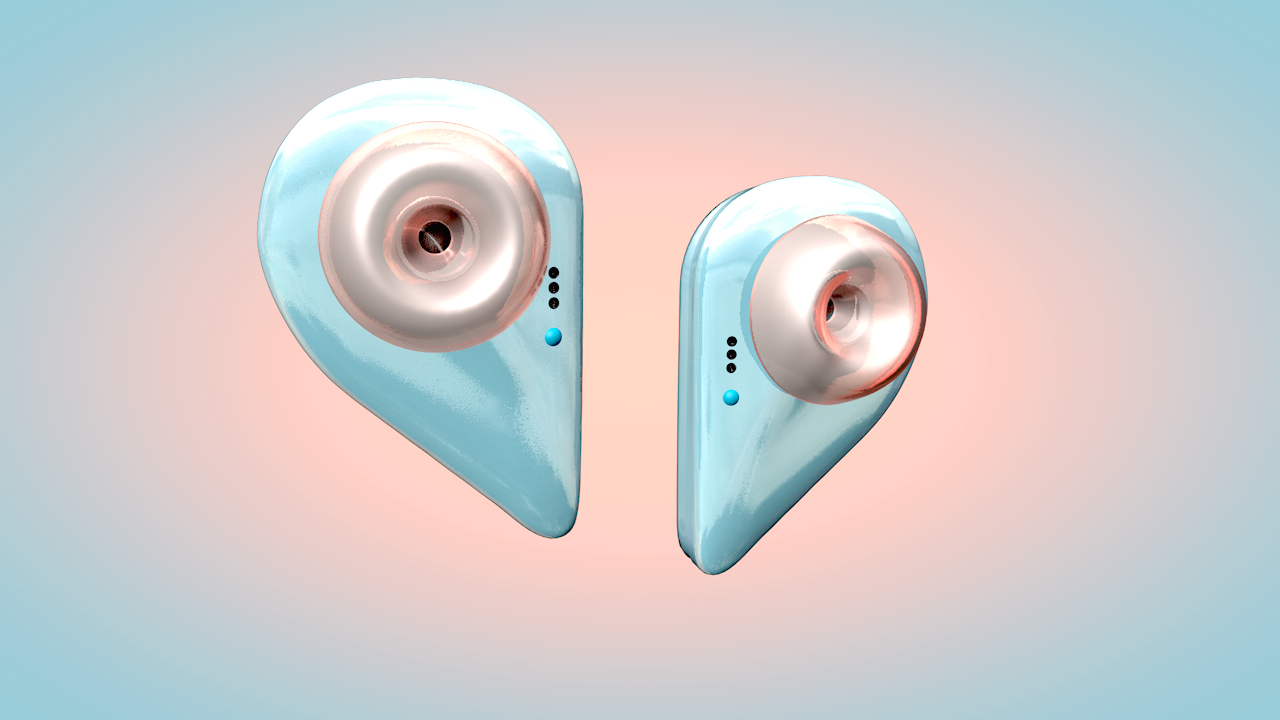 imagery of the thedora earbuds, dreamy heart shaped earbuds
